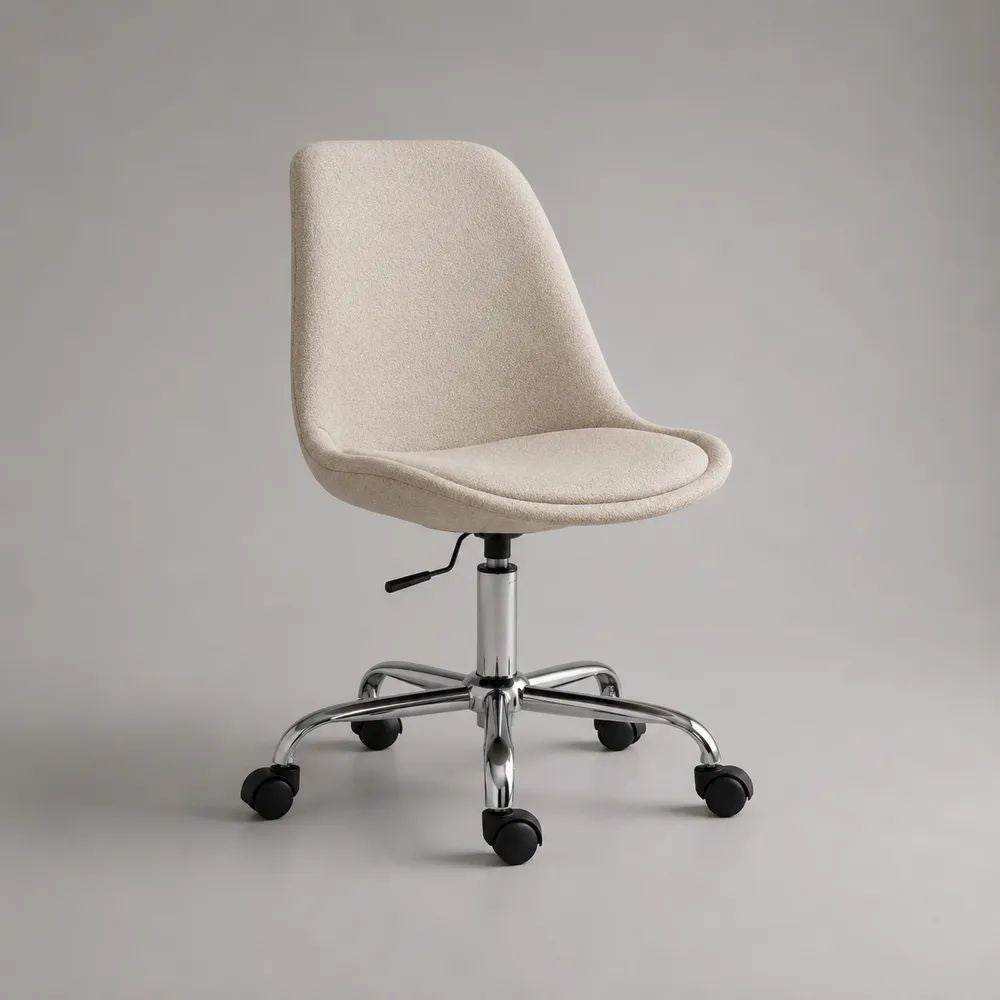 Drehbarer Bürostuhl ohne Armlehnen, höhenverstellbar, Polyester-Bouclé und Chromstahl, Cremeweiß, 58 × 58 × 78–88 cm