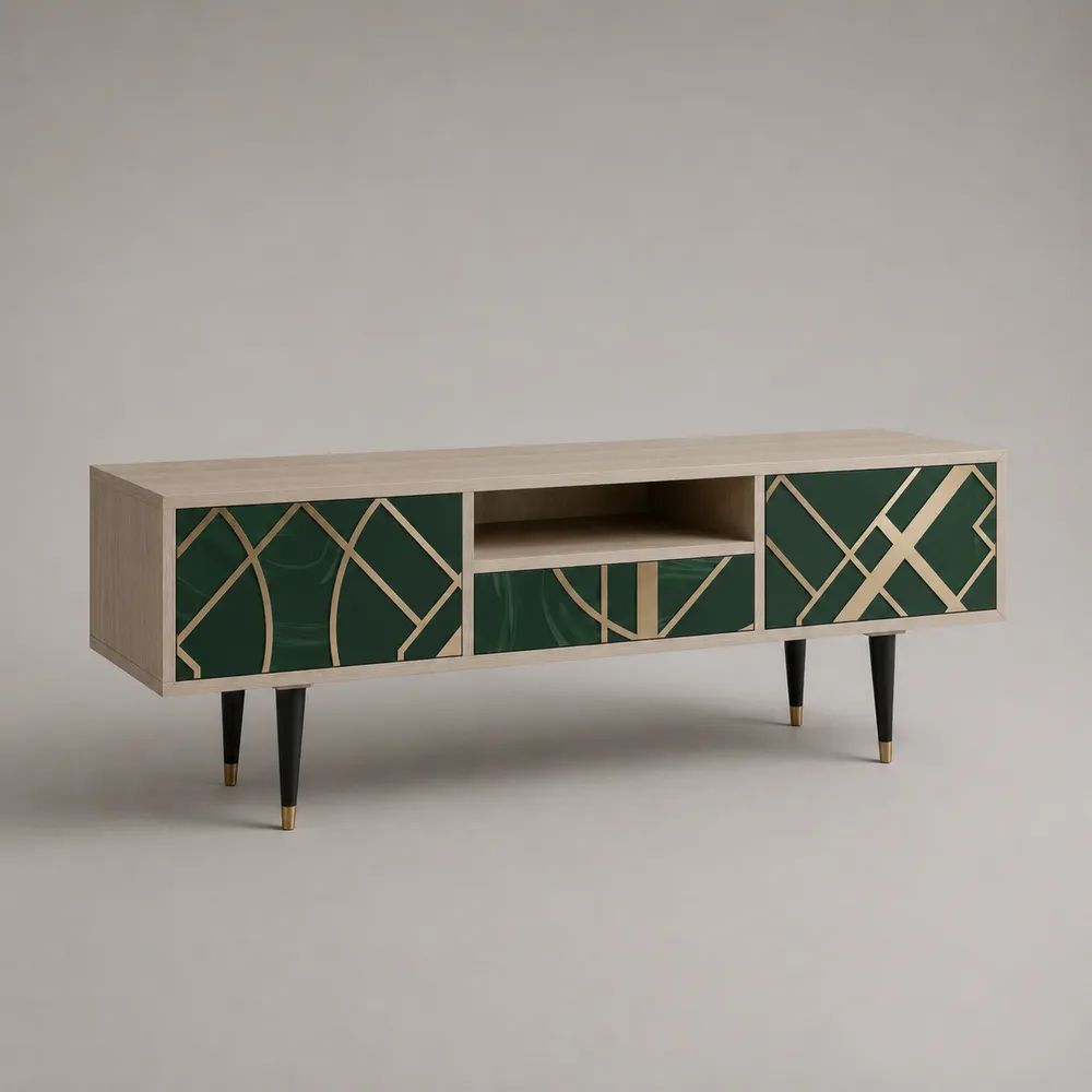 TV-Lowboard aus Holz und Metall mit 3 Türen und offenem Gerätefach, Dunkelgrün/Natur/Messingfarben/Schwarz, 160 × 40 × 65 cm