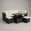 4-teiliges Gartenmöbel-Set aus PE-Rattan, 5-Sitzer-Ecksofa 225 × 165 × 73 cm, Tisch 120 × 70 × 65 cm und 2 Hocker, Schwarz/Cremeweiß