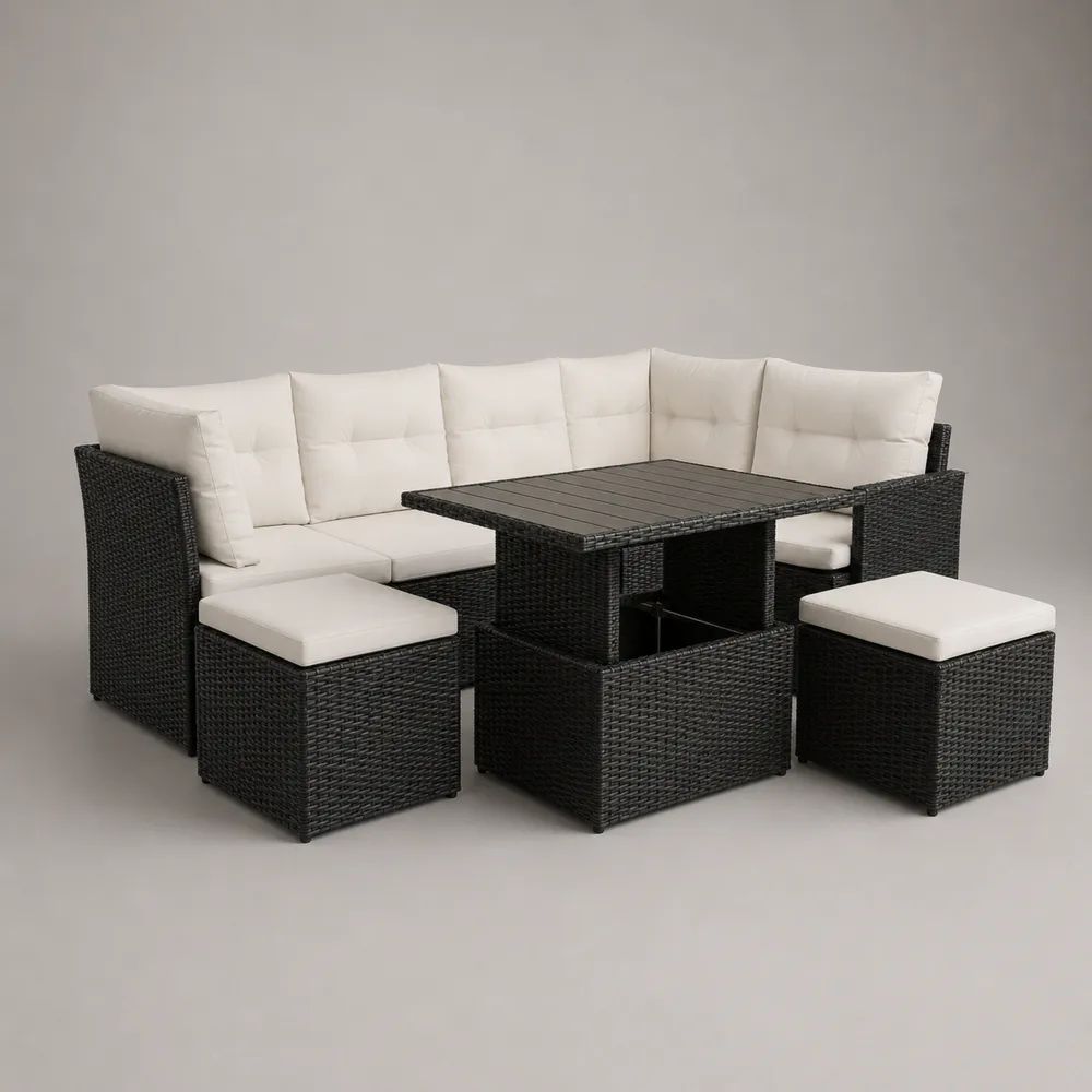 4-teiliges Gartenmöbel-Set aus PE-Rattan, 5-Sitzer-Ecksofa 225 × 165 × 73 cm, Tisch 120 × 70 × 65 cm und 2 Hocker, Schwarz/Cremeweiß