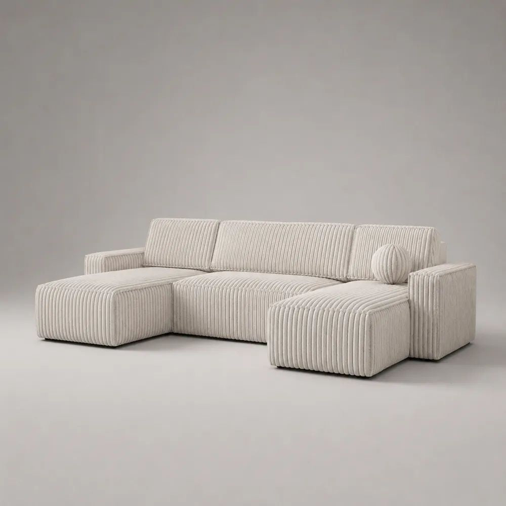 Wohnlandschaft in U-Form, 4-Sitzer mit Doppelottomane, Cordstoff, Cremeweiß, 290 × 160 × 85 cm