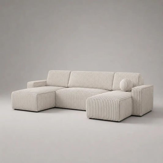 Wohnlandschaft in U-Form, 4-Sitzer mit Doppelottomane, Cordstoff, Cremeweiß, 290 × 160 × 85 cm