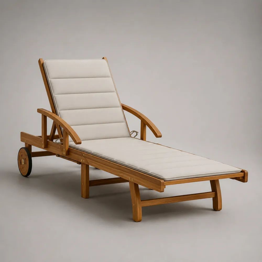 Gartenliege aus massivem Akazienholz mit Auflage, verstellbarer Rückenlehne und Rollen, Naturbraun/Beige, 200 × 68 × 85 cm