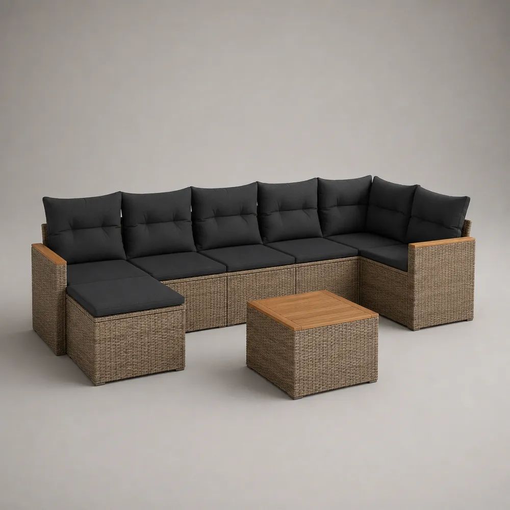 9-teiliges Gartenlounge-Set in U-Form mit Tisch, PE-Rattan und Akazienholz, Braun/Schwarz/Naturbraun, 305 × 210 × 74 cm