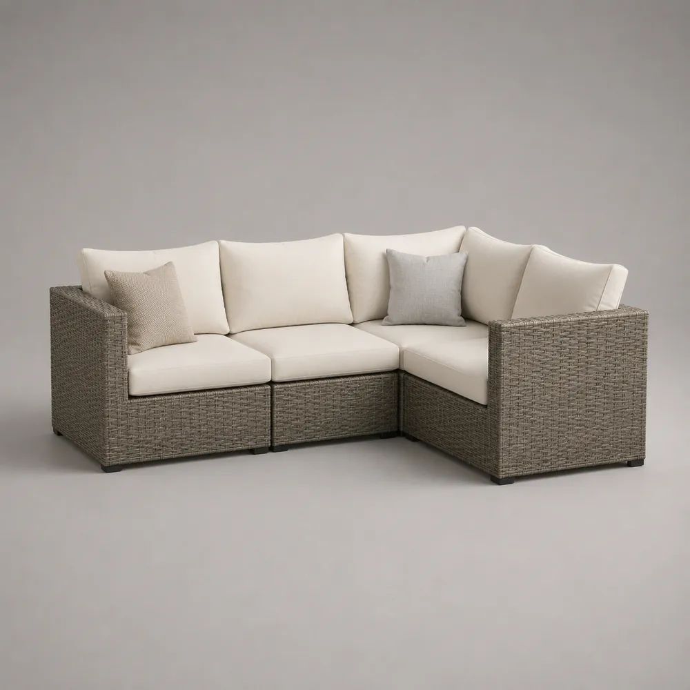 3-teiliges Gartensofa-Ecksofa aus PE-Rattan und Stahl mit Polyesterpolstern, L-Form, Grau/Creme, 210 × 150 × 75 cm